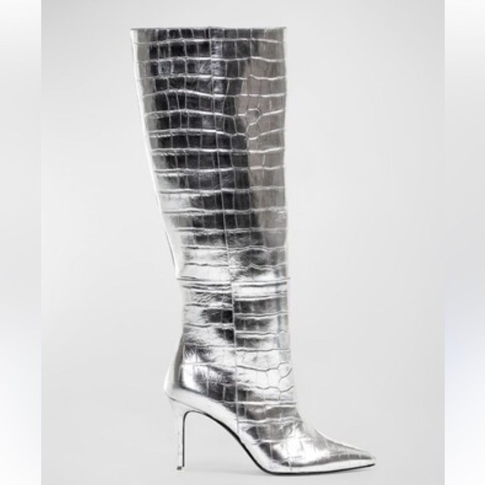 Black Suede Studio Tory Croco Stiletto Knee Boots NEW